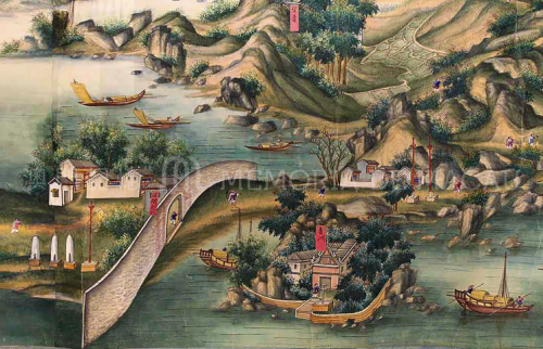 圖1：長卷畫局部︰十八世紀關閘、青洲、望廈的景緻 (藏於新加坡國立大學博物館)